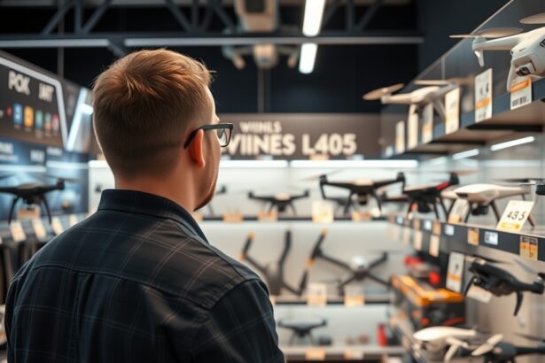 Férfi drónokat néz egy boltban, vásárlási lehetőségek azonosítása.