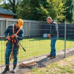 Drótkerítés telepítése a kertben két munkás segítségével.