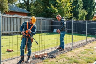 Drótkerítés telepítése a kertben két munkás segítségével.