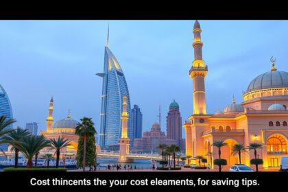 Dubai városképe éjszaka, a Burj Al Arab és a mecset látszik.