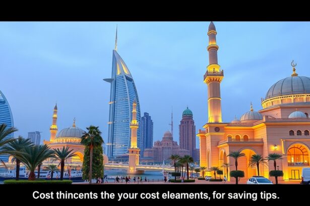 Dubai városképe éjszaka, a Burj Al Arab és a mecset látszik.