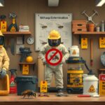 Darázsirtás szakember védőfelszerelésben, szerszámokkal és irányelvekkel.