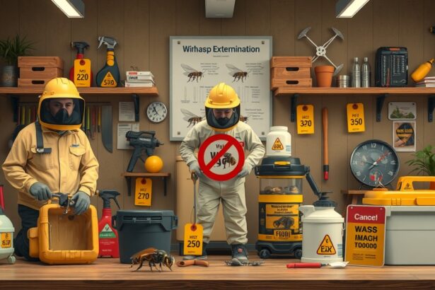 Darázsirtás szakember védőfelszerelésben, szerszámokkal és irányelvekkel.