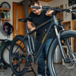 E-bike karbantartás műhelyben, férfi szerel az e-kerékpáron.