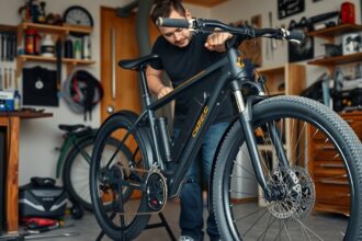 E-bike karbantartás műhelyben, férfi szerel az e-kerékpáron.