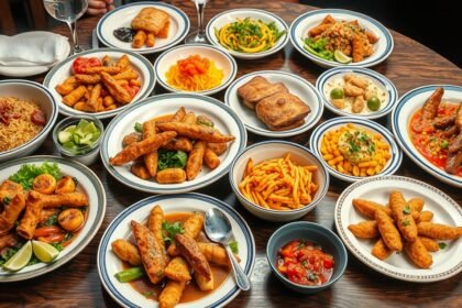 Ínycsiklandó ételek egy étteremben, változatos fogások.