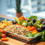 Egészséges munkahelyi ebéd zöldségekkel és rizssel