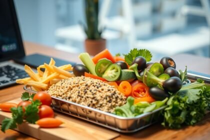 Egészséges munkahelyi ebéd zöldségekkel és rizssel