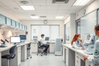 Modern egészségügyi laboratórium, vizsgálatok és orvosi eszközök.