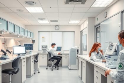 Modern egészségügyi laboratórium, vizsgálatok és orvosi eszközök.
