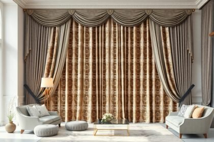 Elegáns függönyök a modern nappaliban, stílusos berendezés