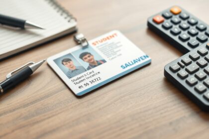 Diákigazolvány, toll és jegyzetfüzet egy íróasztalon.