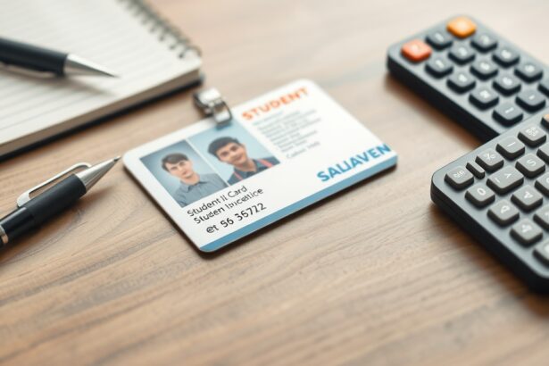 Diákigazolvány, toll és jegyzetfüzet egy íróasztalon.