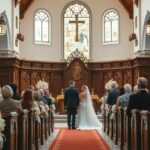 Egyházi esküvő a templomban, menyasszony és vőlegény a szertartáson.