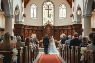 Egyházi esküvő a templomban, menyasszony és vőlegény a szertartáson.