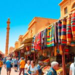 Bazár Egyiptomban színes szőnyegekkel és látogatókkal