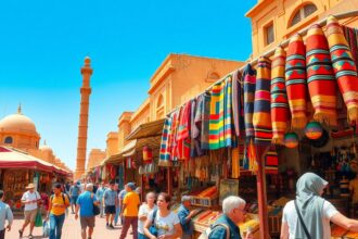 Bazár Egyiptomban színes szőnyegekkel és látogatókkal