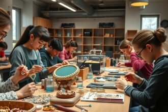 Ékszerkészítő tanfolyam résztvevői kreatívan dolgoznak ékszereken