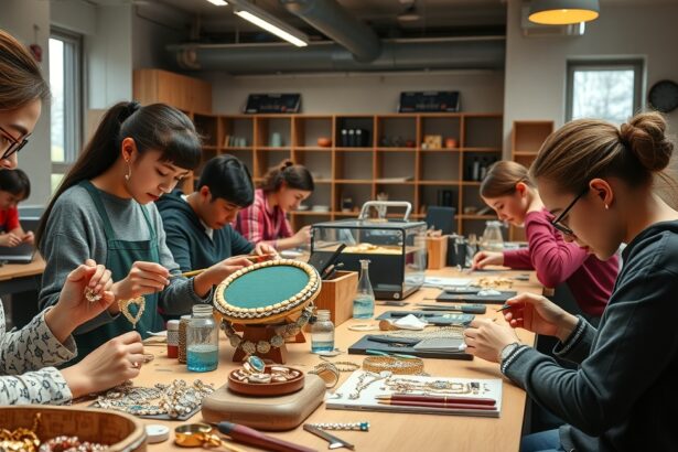 Ékszerkészítő tanfolyam résztvevői kreatívan dolgoznak ékszereken