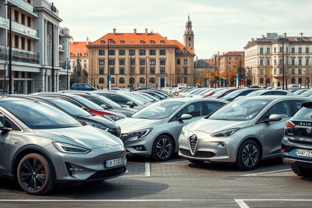 Modern elektromos autók sorakoznak egy városi parkolóban Magyarországon.