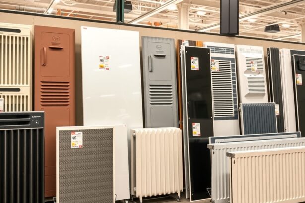 Különböző elektromos fűtőpanelek bemutatása egy boltban.