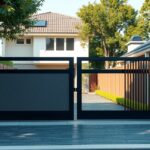 Modern elektromos kapu egy családi ház előtt, gyönyörű kerítéssel.