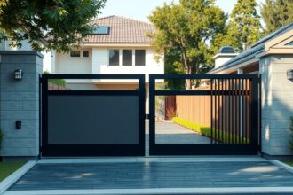 Modern elektromos kapu egy családi ház előtt, gyönyörű kerítéssel.