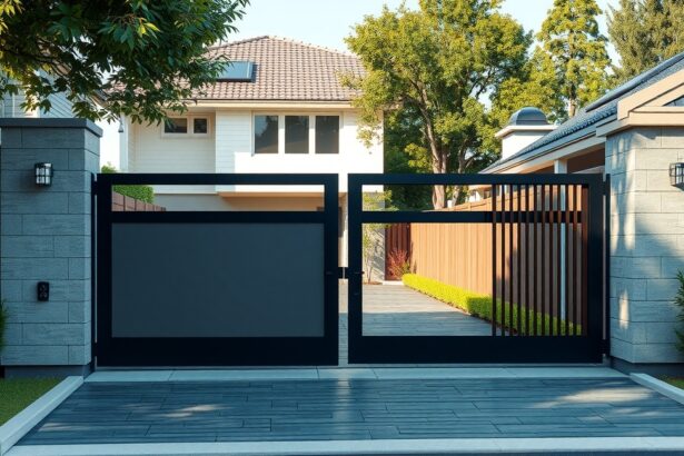 Modern elektromos kapu egy családi ház előtt, gyönyörű kerítéssel.