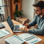 Férfi elektromos kerékpár biztosítást tervező asztalon laptop mellett.