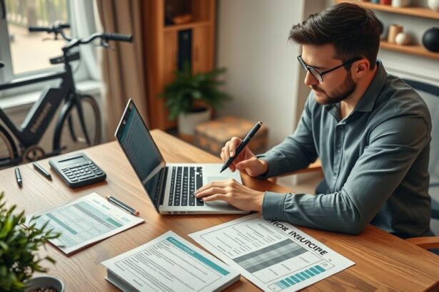 Férfi elektromos kerékpár biztosítást tervező asztalon laptop mellett.