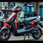 Modern elektromos roller szervizben, háttérben szerszámok és árajánlatok.