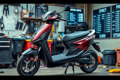 Modern elektromos roller szervizben, háttérben szerszámok és árajánlatok.