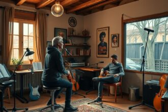 Énektanár online órákat tart diákjának zenetanteremben.