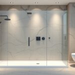 Modern épített zuhanyzó tágas fürdőszobában, üvegfalakkal és elegáns burkolattal.