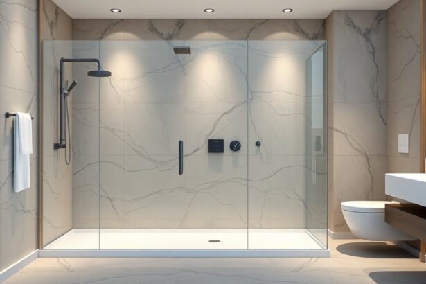 Modern épített zuhanyzó tágas fürdőszobában, üvegfalakkal és elegáns burkolattal.