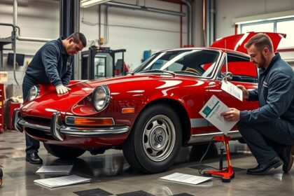 Eredetiségvizsgálaton részt vevő szakemberek egy piros jármű előtt