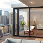 Modern erkély üveggel, városi kilátással