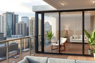 Modern erkély üveggel, városi kilátással