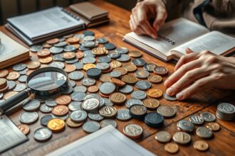 Érmegyűjtemény asztalon fényképezve, magnóval és könyvekkel.