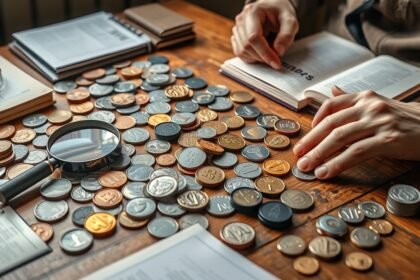 Érmegyűjtemény asztalon fényképezve, magnóval és könyvekkel.