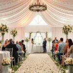 Elegáns esküvő szertartás virágdíszekkel és boldog vendégekkel