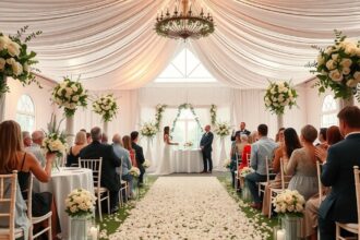 Elegáns esküvő szertartás virágdíszekkel és boldog vendégekkel