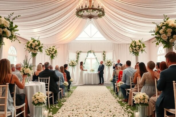 Elegáns esküvő szertartás virágdíszekkel és boldog vendégekkel