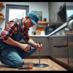 Duguláselhárító szakember dolgozik a konyhában