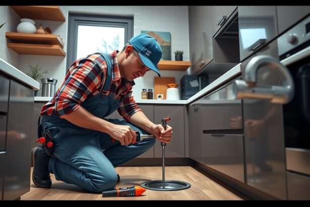 Duguláselhárító szakember dolgozik a konyhában