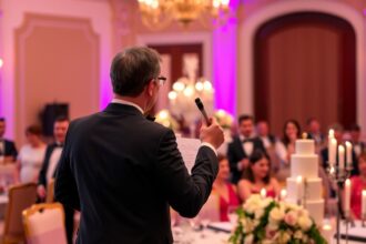 Egy esküvői ceremóniamester beszél a vendégeknek az ünnepségen.