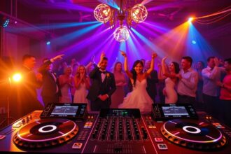 Esküvői DJ zenét szolgáltat a táncoló vendégeknek egy ünnepi eseményen