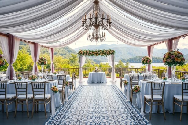 Elegáns esküvői helyszín szép díszítéssel és tóra néző kilátással