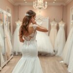 Fiatal nő esküvői ruhát próbál egy szalonban