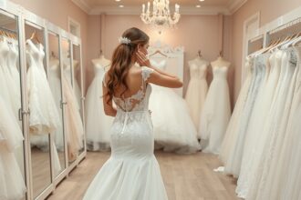 Fiatal nő esküvői ruhát próbál egy szalonban